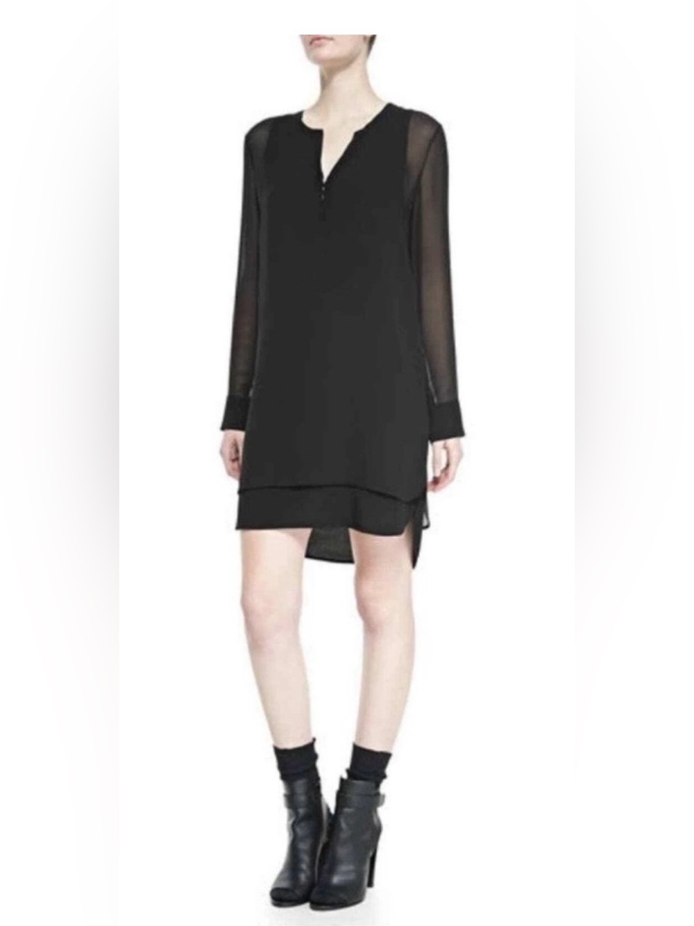 Vince Black Silk Double Layer Lined Shift Dress with Sheer Long Sleeves Size 4